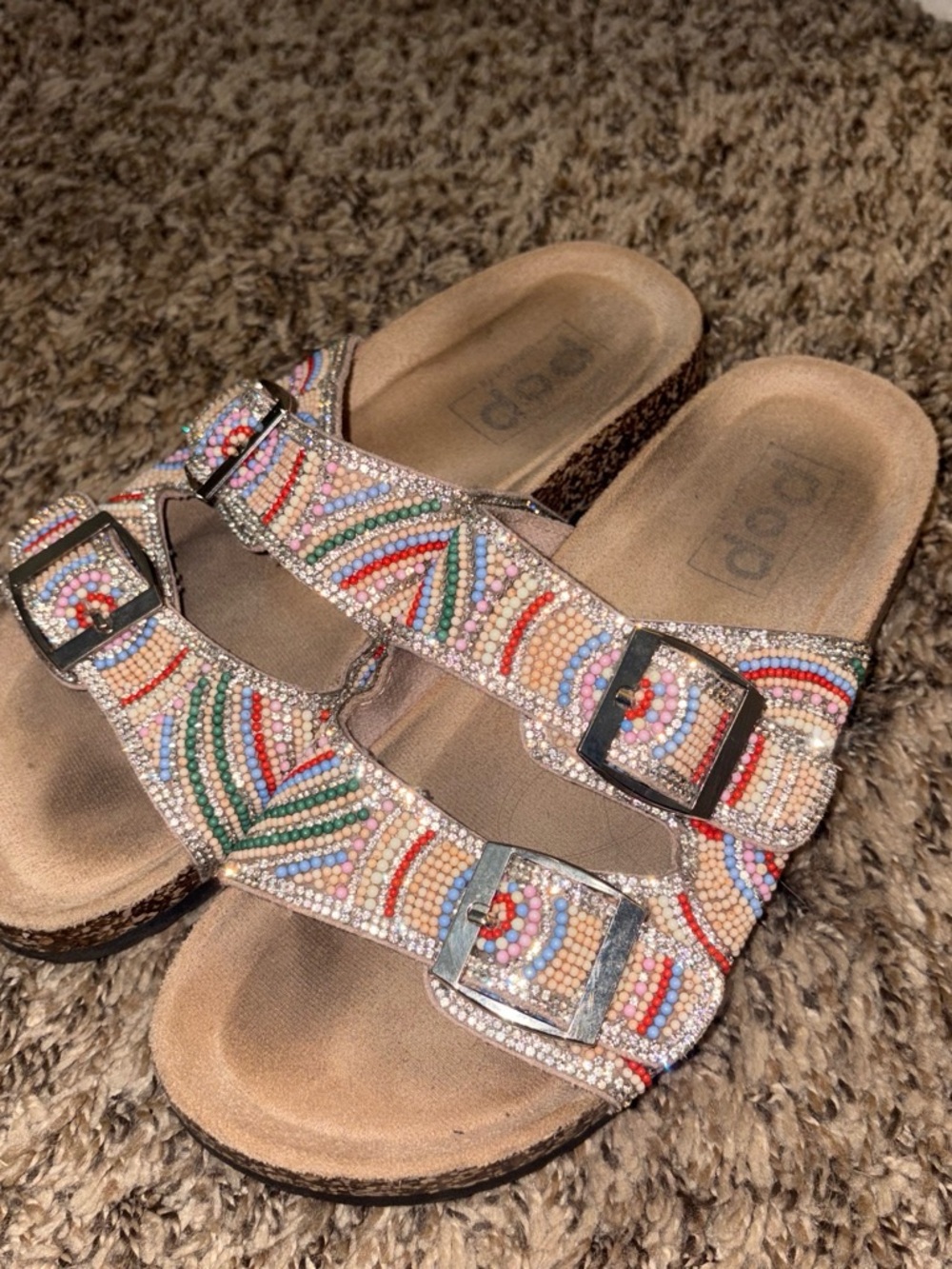 pop Beaded Double-Buckle Sandals in Multicolor and Tan